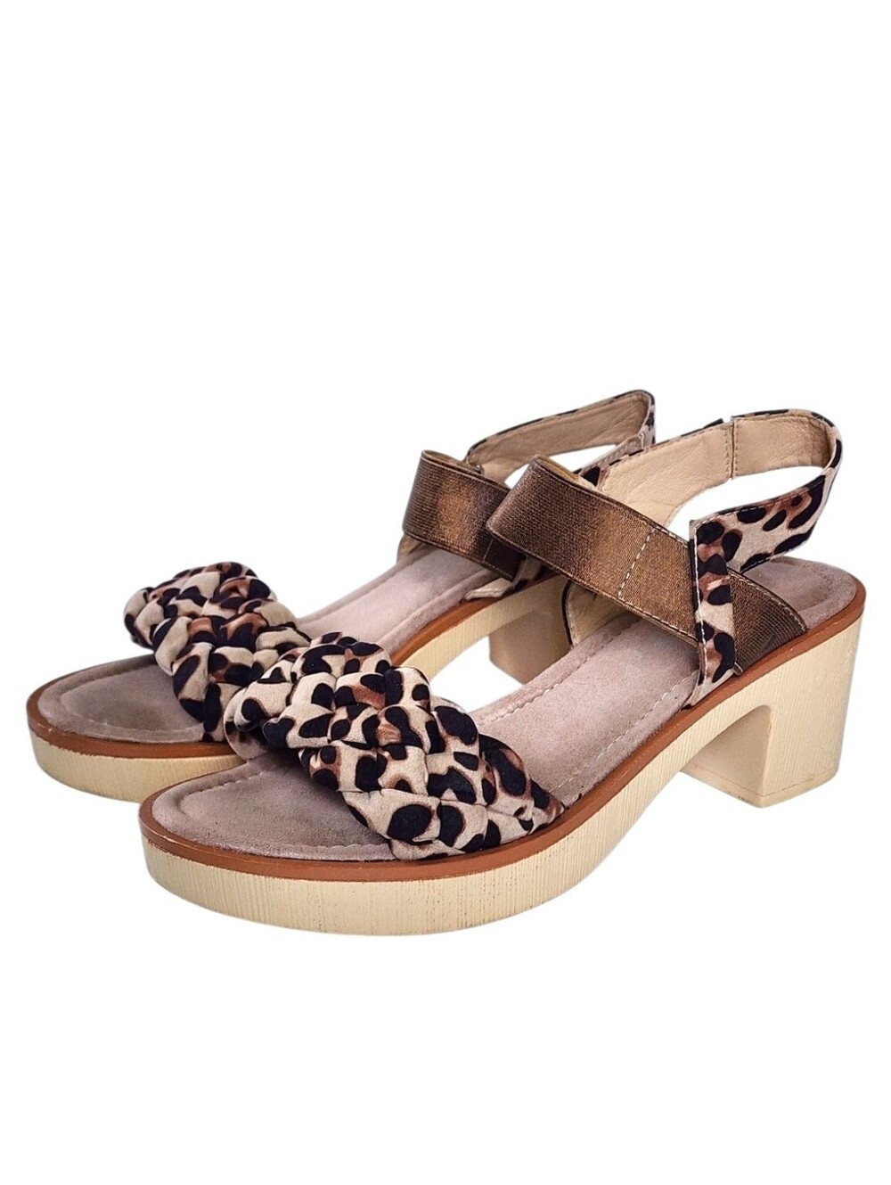 Danna Raye Leopard Braided Strap Block Heel Sandals, Sz 10